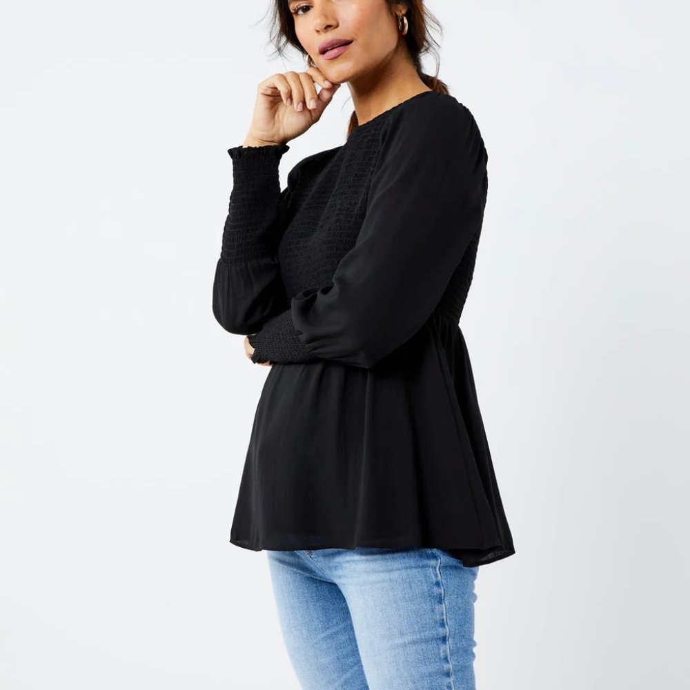A Pea in the Pod SMOCKED PEPLUM LONG SLEEVE MATERNITY TOP Size M
